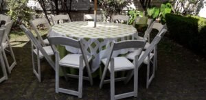 silla Avant Garde con mesa redonda y mantel verde manzana